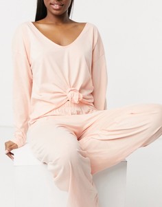 Персиковый трикотажный топ от пижамы с длинными рукавами и узлом ASOS DESIGN-Розовый цвет