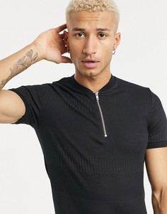 Черная облегающая футболка в комбинированный рубчик с молнией ASOS DESIGN-Черный цвет