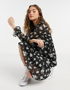 Шифоновое платье миди черного цвета с рисунком и кружевной отделкой New Look-Черный цвет