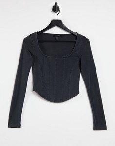 Темно-серый топ в корсетном стиле с эффектом кислотной стирки New Look