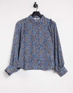 Синяя рубашка с оборками, объемными рукавами и цветочным принтом Only-Многоцветный