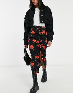 Юбка миди с цветочным принтом Miss Selfridge-Черный цвет