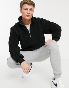 Черный свитшот из искусственного меха с короткой молнией Topman-Черный цвет