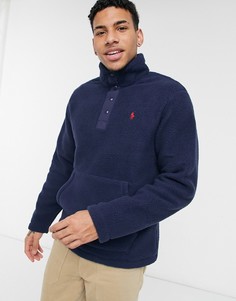 Темно-синий флисовый свитшот с воротником на кнопках и логотипом Polo Ralph Lauren