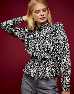 Монохромная блузка с высоким воротником и принтом пейсли Topshop-Многоцветный