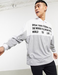 Меланжевая серая футболка-поло с длинными рукавами в стиле oversized с принтом надписи ASOS DESIGN-Серый