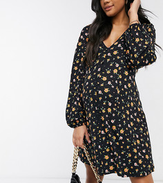 Черное чайное платье мини на пуговицах с оранжевым цветочным принтом ASOS DESIGN Maternity-Зеленый цвет