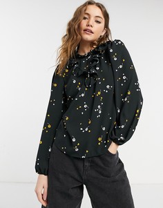 Черный лонгслив с высоким воротником и цветочным принтом ASOS DESIGN-Многоцветный