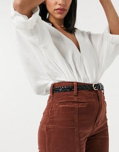 Черный кожаный ремень с плетеной отделкой и золотистой пряжкой Pieces-Черный цвет