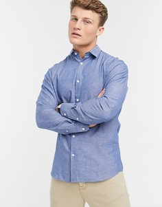 Льняная рубашка с длинными рукавами Selected Homme-Голубой