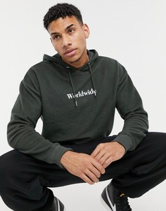 Худи из флиса цвета хаки с вышивкой "Worldwide" New Look-Зеленый цвет