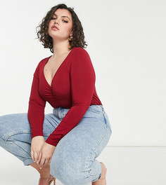 Бордовый боди с V-образным вырезом, длинными рукавами и сборками ASOS DESIGN Curve-Красный