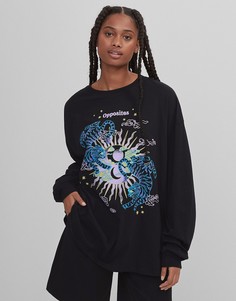Черный oversized-лонгслив с тигровым принтом Bershka-Черный цвет
