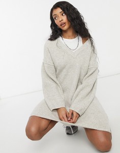 Серовато-бежевое трикотажное платье мини в стиле oversized с V-образным вырезом Topshop-Светло-коричневый