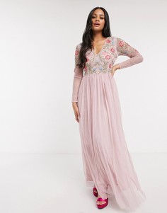 Розовое платье макси с длинными рукавами и цветочным принтом Lace & Beads-Розовый