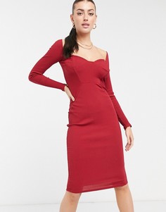 Темно-бордовое платье миди в рубчик с длинными рукавами и вставками ASOS DESIGN-Красный