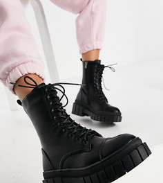 Черные ботинки для широкой стопы на массивной подошве со шнуровкой Public Desire Omega-Черный цвет