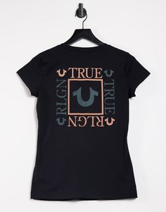 Черная футболка с V-образным вырезом и квадратным принтом на спине True Religion-Черный цвет