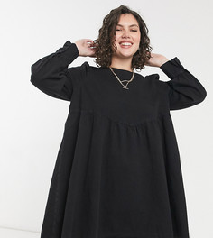 Черное платье из мягкого выбеленного денима с присборенной юбкой и объемными рукавами ASOS DESIGN Curve-Черный цвет