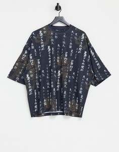 Черная свободная футболка со сплошным принтом дракона и текстом ASOS DESIGN-Черный цвет