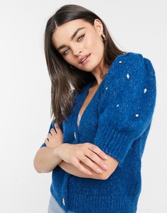 Синий кардиган с объемными рукавами, отделкой стразами и пуговицами Vero Moda-Голубой