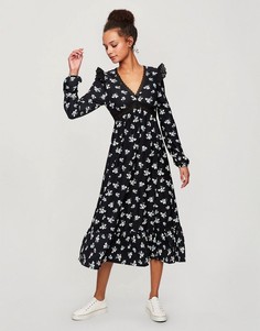 Черное свободное платье миди с оборками Miss Selfridge-Черный