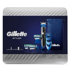Триммер Gillette подарочный набор в металлической коробке Styler c 3 сменными кассетами, 3 насадками и сумкой-чехлом черный/синий