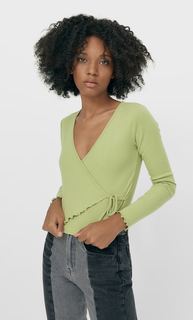 Stradivarius Футболка Из Ткани Soft Touch На Запахе Женская Коллекция Аквамарин Xs