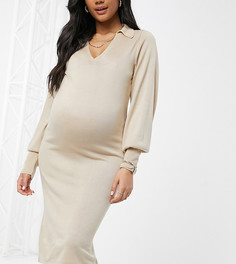 Серо-коричневое платье миди с воротником без застежки ASOS DESIGN Maternity-Светло-бежевый