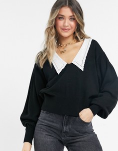 Джемпер с V-образным вырезом и тканным воротником ASOS DESIGN-Черный цвет
