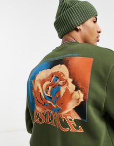 Свитшот цвета хаки с принтом розы и надписью "Essence" спереди и сзади Topman-Зеленый цвет