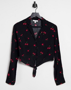 Темно-синяя рубашка с завязкой спереди и принтом Topshop-Многоцветный