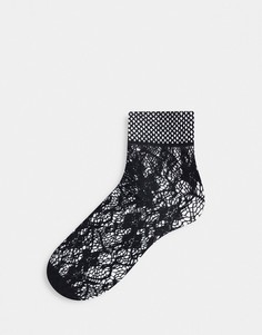 Черные носки в сеточку с цветочным узором по щиколотку Pretty Polly-Черный