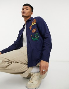 Темно-синяя рубашка навыпуск из натуральных тканей с вышивкой ASOS DESIGN-Темно-синий