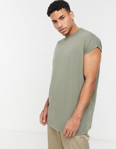 Длинная oversized-футболка выбеленного цвета хаки с отворотами на рукавах ASOS DESIGN-Зеленый цвет