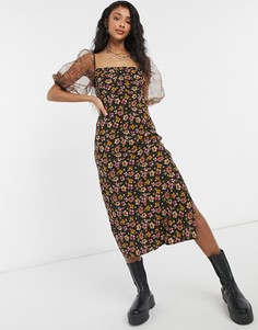 Платье миди из органзы с многоцветным цветочным принтом Topshop-Многоцветный