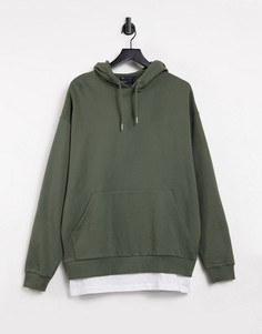 Oversized-худи цвета хаки с имитацией футболки белого цвета по нижнему краю ASOS DESIGN-Зеленый цвет