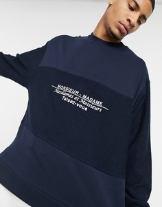 Свитшот темно-синего цвета в стиле oversized с флисовыми вставками и вышивкой ASOS DESIGN-Темно-синий
