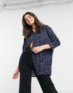 Синяя oversized-рубашка с длинными рукавами и звериным принтом ASOS DESIGN-Бесцветный