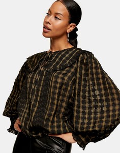Черная блузка в клетку с oversized-воротником и рукавами Topshop-Черный