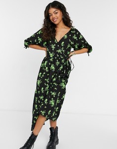 Зеленое свободное платье миди из поплина с запахом и цветочным принтом ASOS DESIGN-Многоцветный