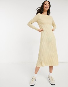 Платье макси в рубчик с подплечниками и свободным подолом ASOS DESIGN-Бежевый