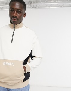 Oversized-свитшот в сероватых тонах в стиле колор блок с короткой молнией и принтом с китайскими иероглифами ASOS DESIGN-Многоцветный