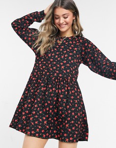 Свободное платье мини с принтом роз Miss Selfridge-Черный цвет