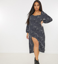 Черное платье в горошек с длинными рукавами и вырезом сердечком Missguided Plus-Черный цвет