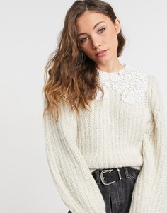 Джемпер светло-бежевого цвета с ажурным воротником Topshop-Кремовый