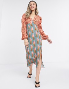 Платье миди контрастной расцветки с разрезом по бедру и стильным леопардовым принтом Never Fully Dressed-Многоцветный