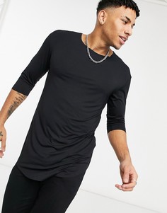 Черная длинная футболка с драпировкой и рукавами «три четверти» Jack & Jones Premium-Черный цвет