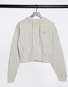 Бежевый укороченный худи на молнии с маленьким логотипом Reebok