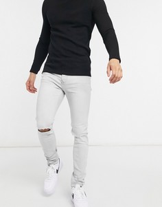 Светло-серые зауженные джинсы стрейч со рваными коленями Topman-Серый
